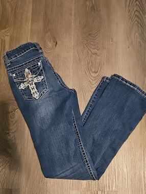 Girls Dark Blue Embroidered Cross Bootcut Jeans